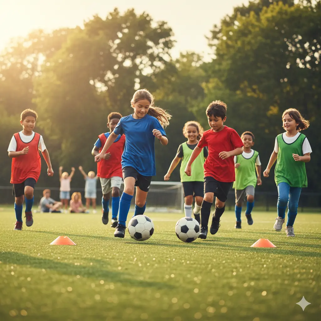 Kids playing soccer outside
